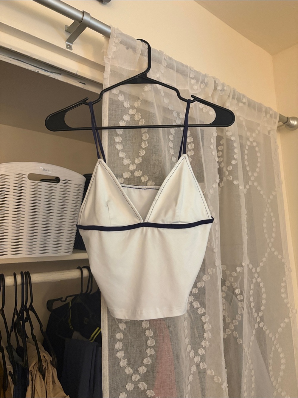 White V-Neck Spaghetti Strap Crop Top with Navy Trim